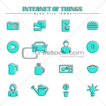 Internet of things and smart home, blue fill icons set