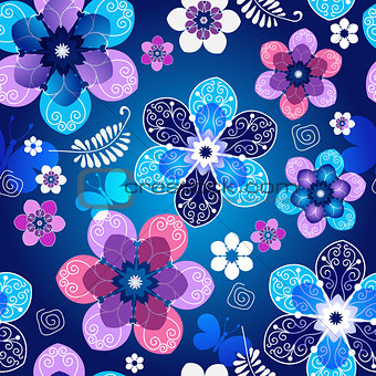 Floral dark blue seamless spring pattern