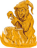 Witch Stirring Brew Pot Drawing