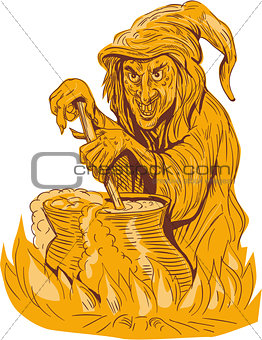 Witch Stirring Brew Pot Drawing