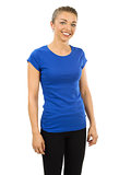 Slim woman wearing blank blue shirt