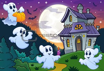 Ghosts near haunted house theme 3