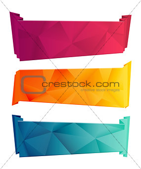 Color triangular ribbon and banner set. Ribbons from paper. Red, yelow, blue polygon Collection on white background