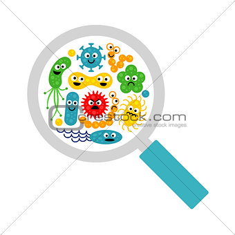 Image of magnifier and cute funny bacterias, germs