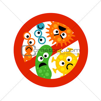 Stop bacterium sign with cute cartoon gems in flat style