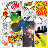 Mock-up of a typical comic book page. Vector Comics Pop art Superhero concept blank layout template with clouds beams, speech bubbles isolated. Bubles, symbols on colored Halftone Backgrounds