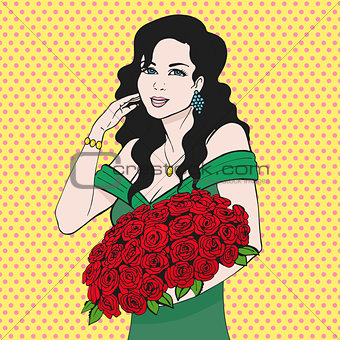 Happy woman holding a rose flower hands