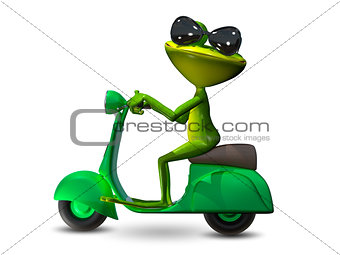 3D Illustration green frog on a motor scooter