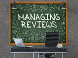 Managing Reviews on Chalkboard with Doodle Icons. 3D Illustration.
