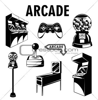 Arcade room. Video game set. Gaming machine. Computer Video Game Joystick and videopad. Gumball machine. Isolated Elements Collection