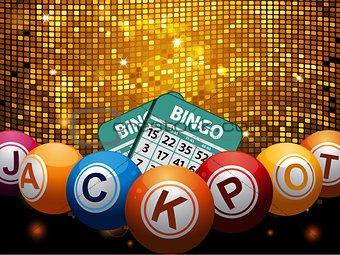 Bingo balls jackpot and cards over disco wall