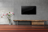 Living room led tv on concrete wall with empty wooden stand