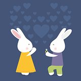 Cute rabbits with ring, love card, marry