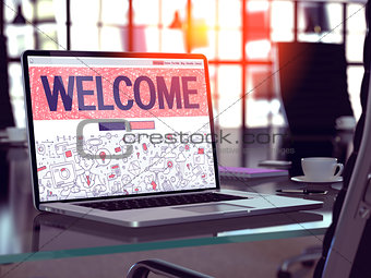 Welcome on Laptop in Modern Workplace Background. 3D Illustration.