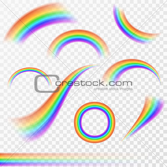 Set of realistic rainbows in different shape on transparent background