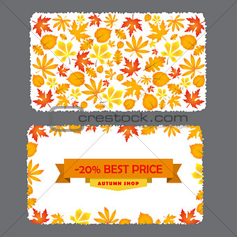 Card with discount of 20 percent. Autumn flyer template  leaves.