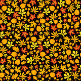 Autumn falling maple and oak leaves, seamless pattern on black background.