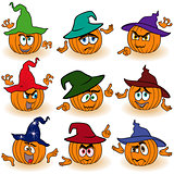 Set of gesticulating orange pumpkins in hats