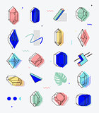 Set of space objects crystals with geometric shapes.