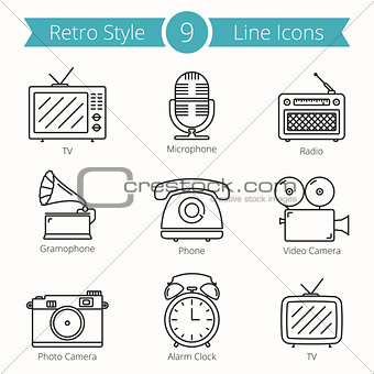 Retro Style Objects Line Icons