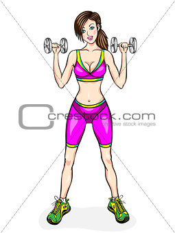 Young girl do exercises with dumbbells
