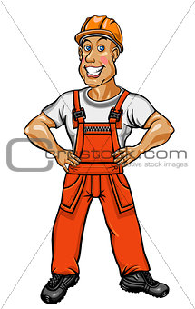 Smiling worker in an orange jumpsuit and helmet