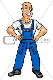 Friendly worker in blue overalls