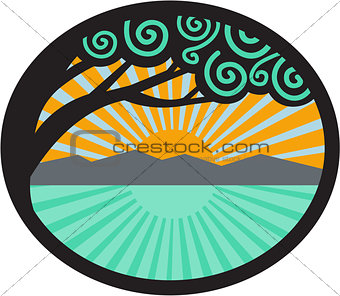Monkeypod Tree Mountain Sea Sunrise Oval Retro