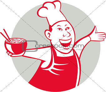 Asian Chef Serving Noodle Bowl Dancing Circle Cartoon