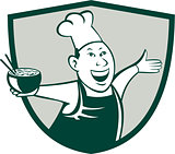 Asian Chef Serving Noodle Bowl Dancing Crest Cartoon