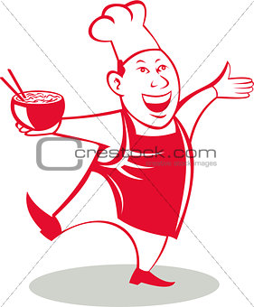 Asian Chef Serving Noodle Bowl Dancing Cartoon