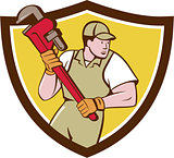 Plumber Holding Pipe Wrench Crest Cartoon