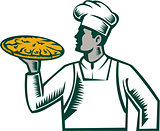 Pizza Chef Holding Pizza Woodcut