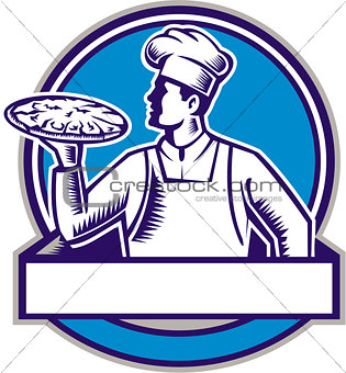 Pizza Chef Serving Pizza Circle Woodcut