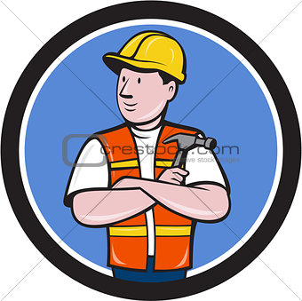 Builder Carpenter Folded Arms Hammer Circle Cartoon