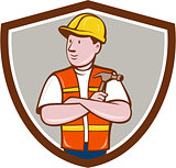 Builder Carpenter Folded Arms Hammer Crest Cartoon