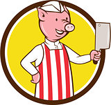 Butcher Pig Holding Meat Cleaver Circle Cartoon