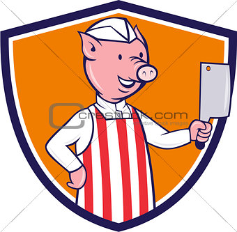 Butcher Pig Holding Meat Cleaver Crest Cartoon