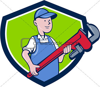 Mechanic Cradling Pipe Wrench Crest Cartoon