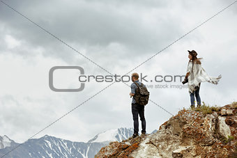 Travel concept man woman couple mountains