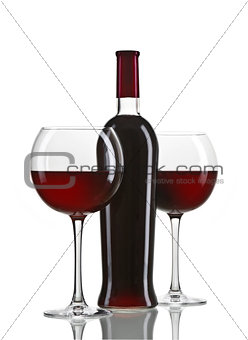 Bottle of red wine with two glasses on white background