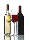 Bottle of red  and white wine with two glasses on white background