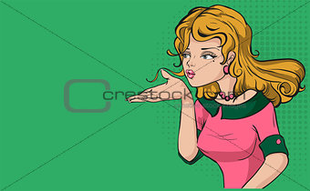 Beautiful woman blowing on palm hand. Retro Comic cartoon illustration