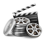 Movie film disk with tape and directors clapper for cinematography filmmaking