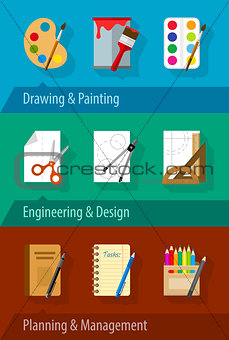 Flat icons with engineering design art planning and management
