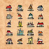 Set of houses on grunge paper, sketch for your design