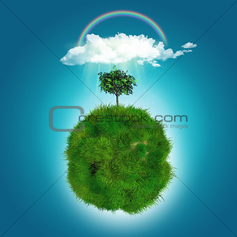 3D render of a grassy globe with a tree, rainbow and raincloud