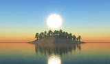 3D palm tree island at sunset