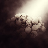 3D spooky background with pile of skulls