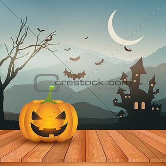 Halloween pumpkin against spooky landscape 
